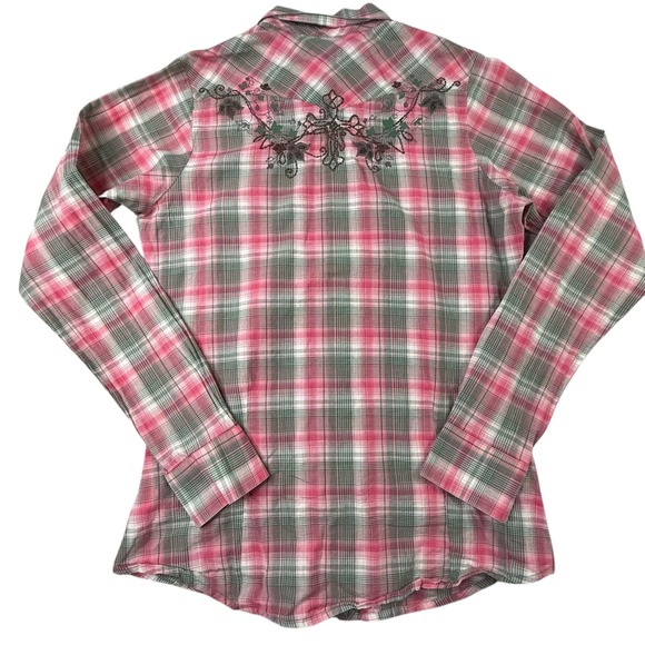 Rock 47 By Wrangler Womens Shirt Size Medium Pink Plaid Pearl Snap Western - Picture 3 of 11